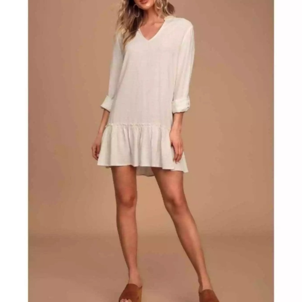 Lulus Long Sleeve Ruffled Swing Mini Dress Beige Neutral Linen Blend